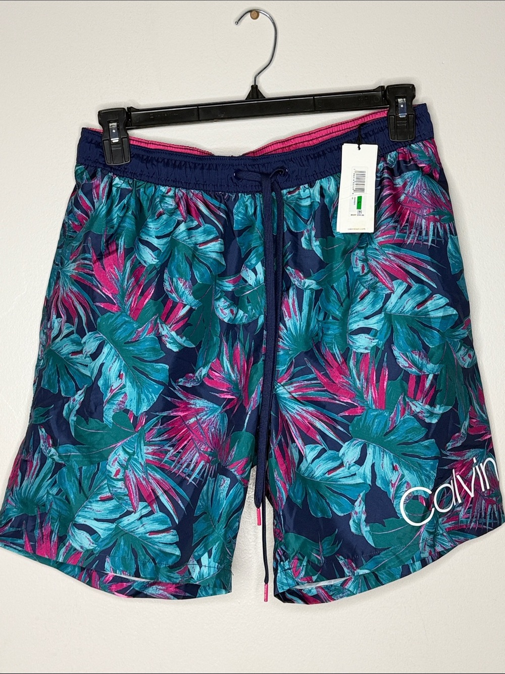 Calvin Klein Navy Swim Trunks with Teal & Pink Tropical Print